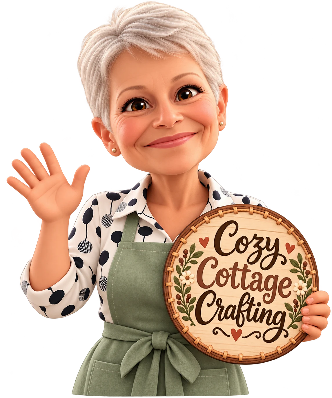Pat’s cheerful craft-shop character holding the Cozy Cottage Crafting logo
